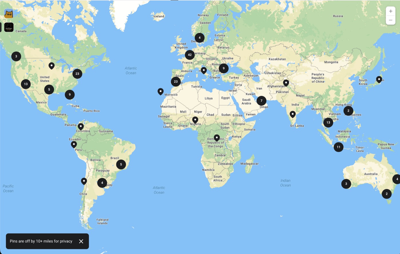 World map of EcomStein community members across every continent