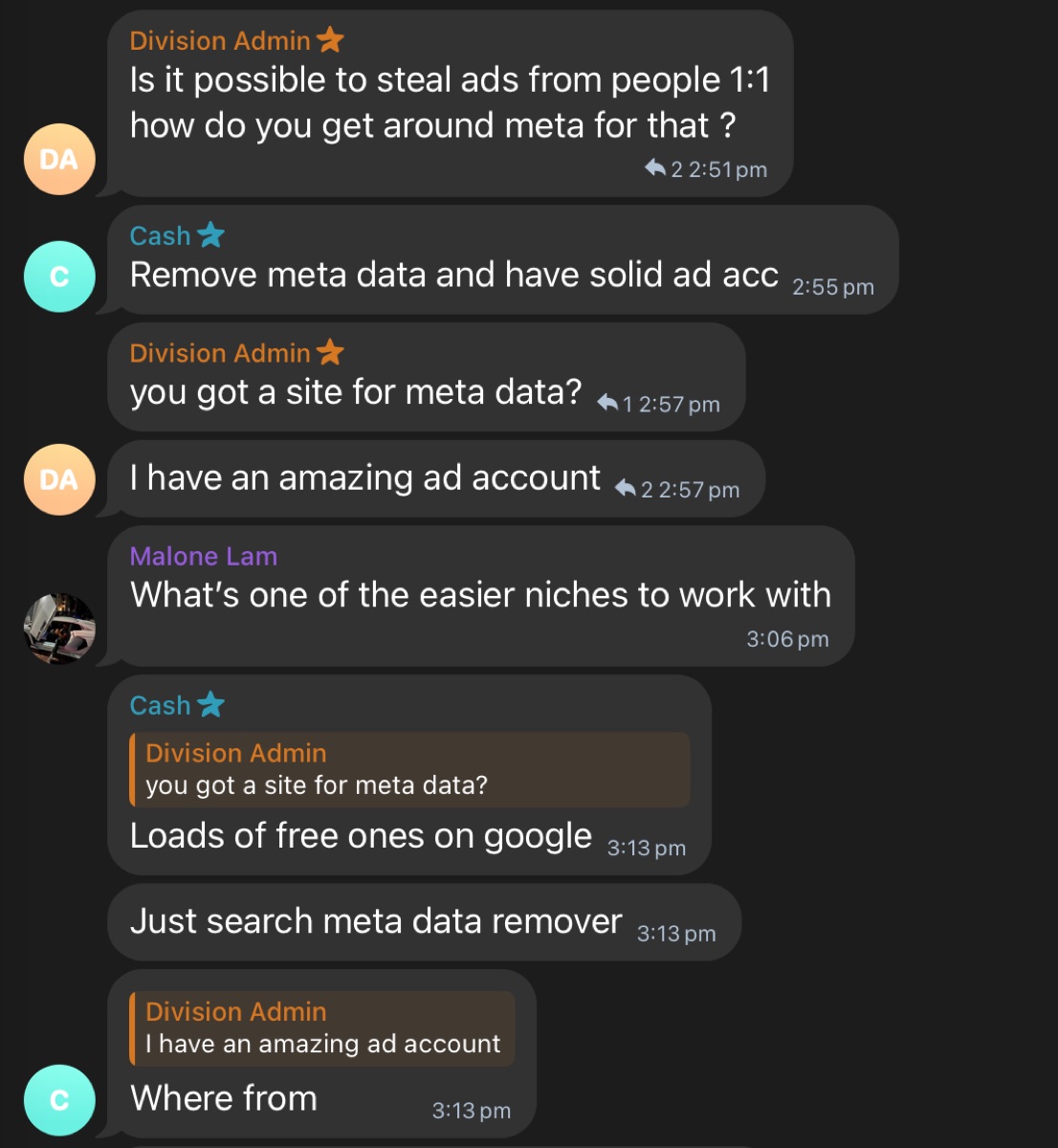 Group chat: members discussing ad accounts, meta data and easier niches to work with